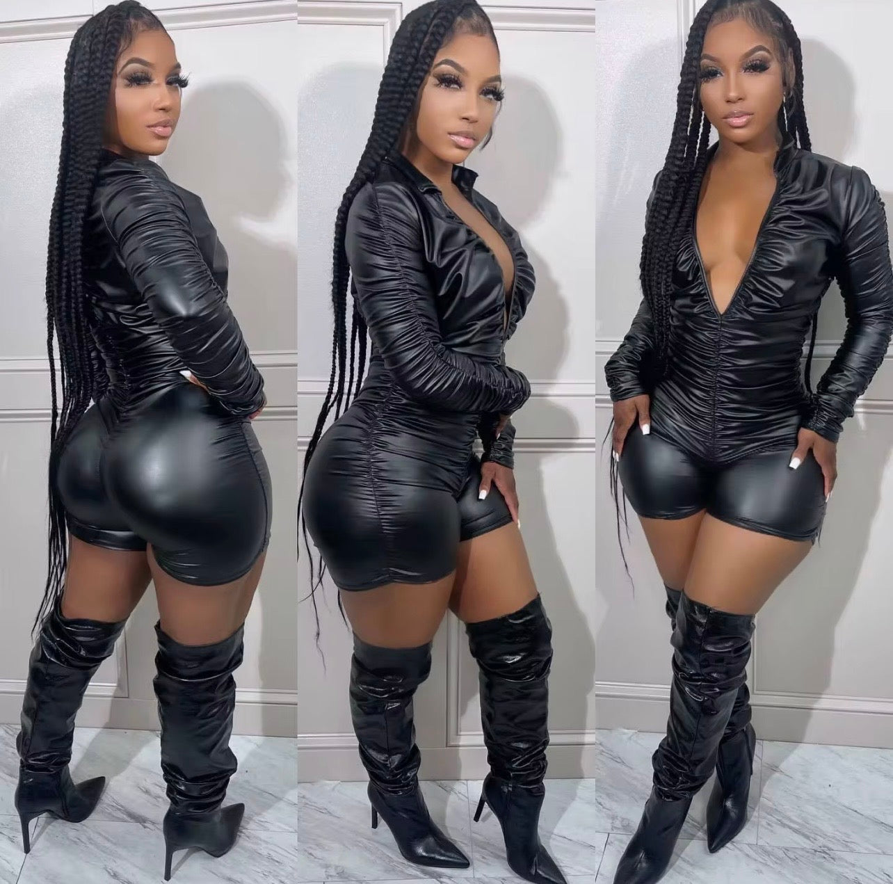 Vogue V-Neck Leather Jumpsuit