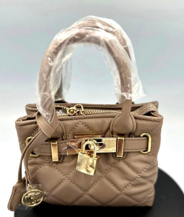 Badgley Mischka Beige Quilted Mini Tote Bag with Bag Charm