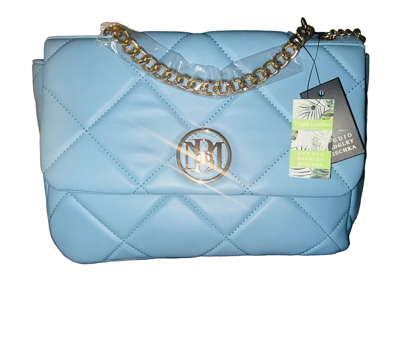Badgley Mischka Letter Lock Light Blue Quilted Crossbody Bag