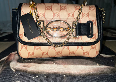 Bebe Leilani Monogram Chain Shoulder Bag – Almond Tan Black Gold