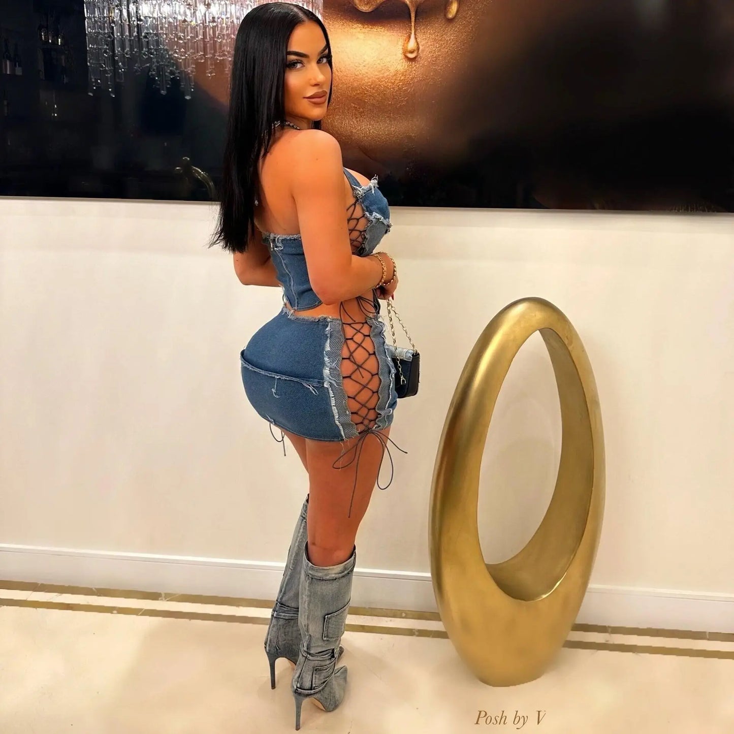 Flex!! 2 Piece irregular Denim Halter Set