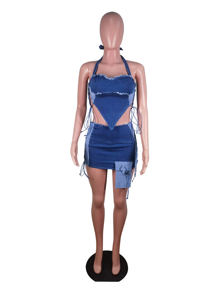 Flex!! 2 Piece irregular Denim Halter Set