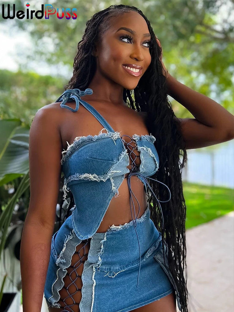 Flex!! 2 Piece irregular Denim Halter Set