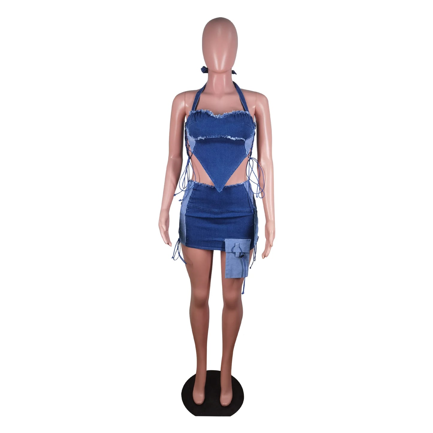 Flex!! 2 Piece irregular Denim Halter Set