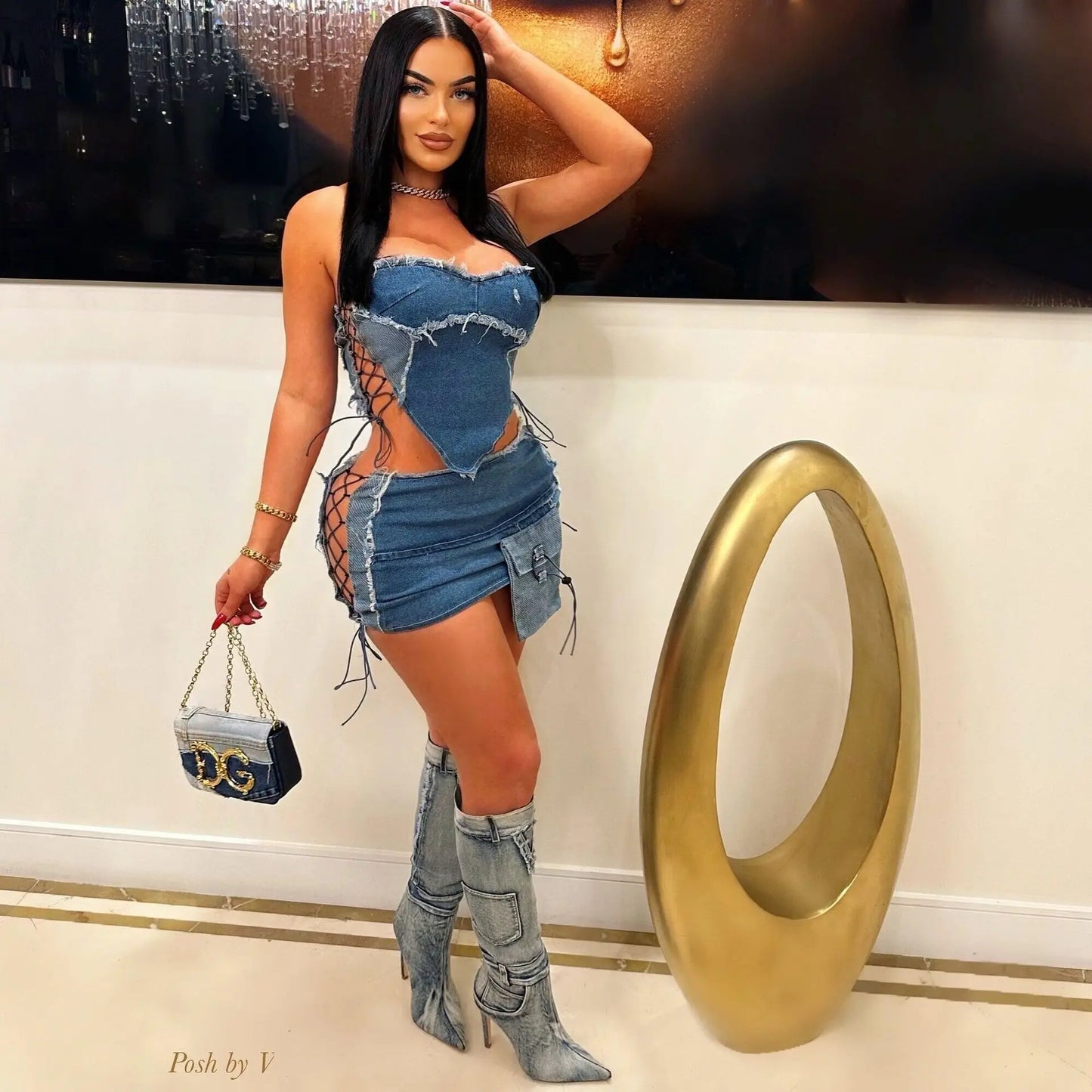 Flex!! 2 Piece irregular Denim Halter Set