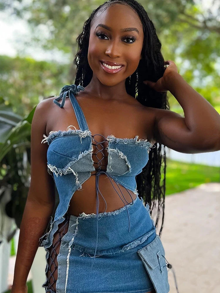Flex!! 2 Piece irregular Denim Halter Set