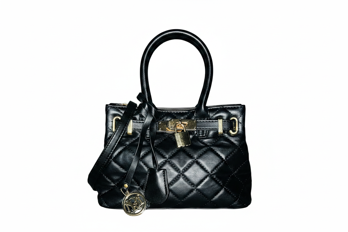 BM4161 Black Quilted Vegan Leather Structured Tote