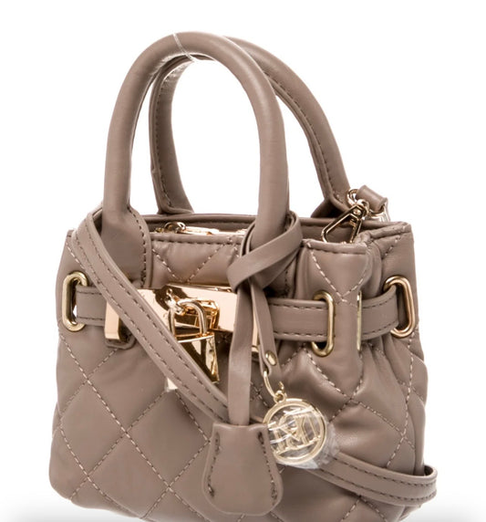 Badgley Mischka Beige Quilted Mini Tote Bag with Bag Charm