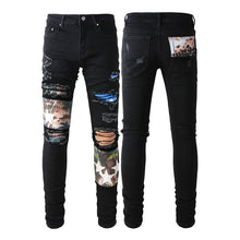 Charger l&#39;image dans la galerie, White Star Print Patch Ripped Stretch Slim Black Jeans For Men IAMQUEEN FASHION

