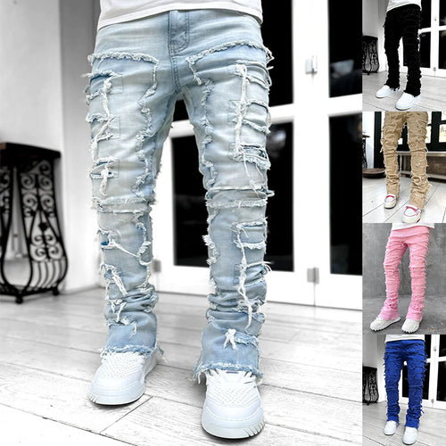 Men Trousers Individual Patched Pants Long Tight Fit Stacked Jeans For Mens Clothing IAMQUEEN FASHION