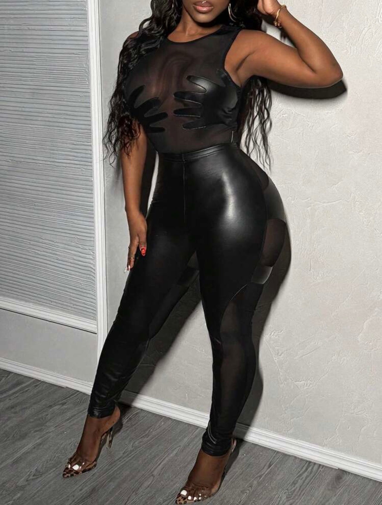Sexy Palm Pattern Mesh Splice Sleeveless Bodysuit And Palm Pattern Mesh Splice Long Leggings Set