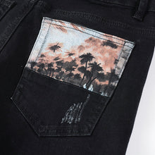 將圖片載入圖庫檢視器 White Star Print Patch Ripped Stretch Slim Black Jeans For Men IAMQUEEN FASHION
