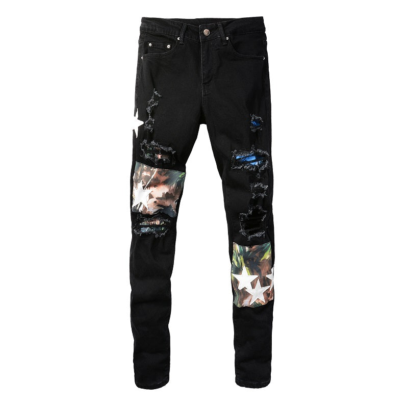 White Star Print Patch Ripped Stretch Slim Black Jeans For Men IAMQUEEN FASHION