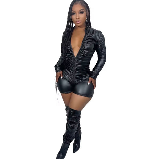 Vogue V-Neck Leather Jumpsuit