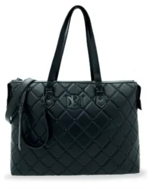 Badgley Mischka Black Quilted Studded Faux Leather Tote Bag