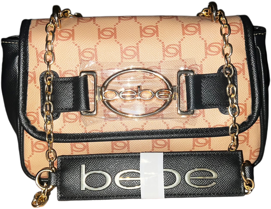 Bebe Leilani Monogram Chain Shoulder Bag – Almond Tan Black Gold
