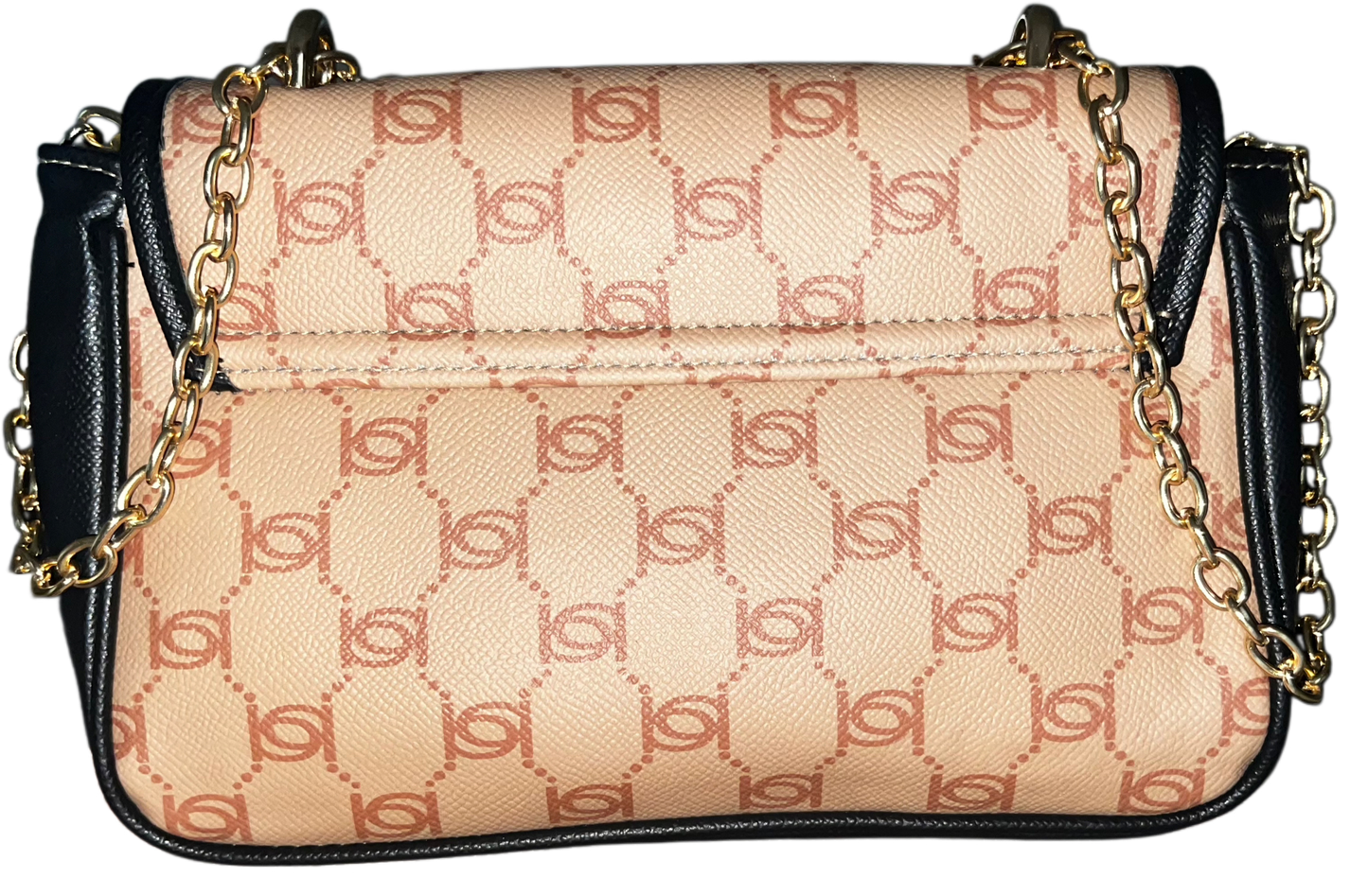 Bebe Leilani Monogram Chain Shoulder Bag – Almond Tan Black Gold