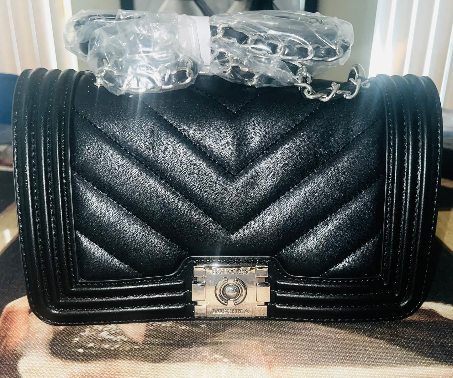Badgley Mischka Black Quilted Leather Crossbody Bag with Silver Lining