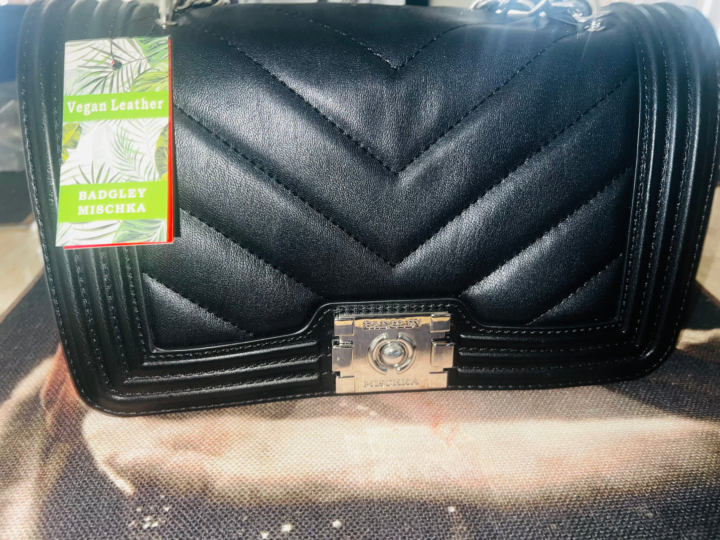 Badgley Mischka Black Quilted Leather Crossbody Bag with Silver Lining