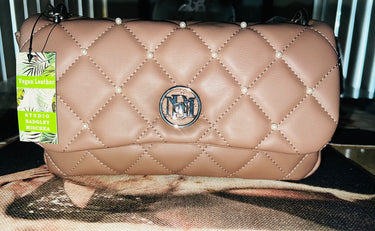 Badgley Mischka Quilted Pearl Studded Shoulder Bag – Tan Brown