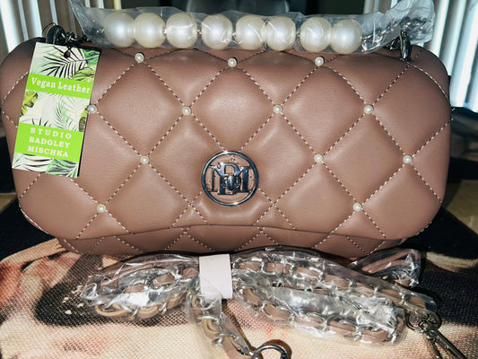 Badgley Mischka Quilted Pearl Studded Shoulder Bag – Tan Brown
