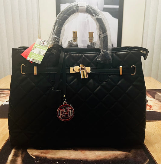 Badgley Mischka BM-4160 Black Quilted Vegan Leather Tote Bag