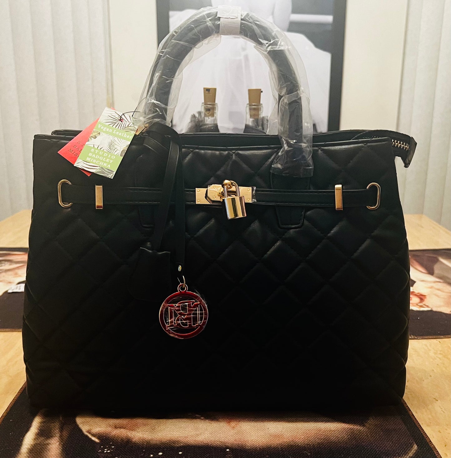 Badgley Mischka BM-4160 Black Quilted Vegan Leather Tote Bag