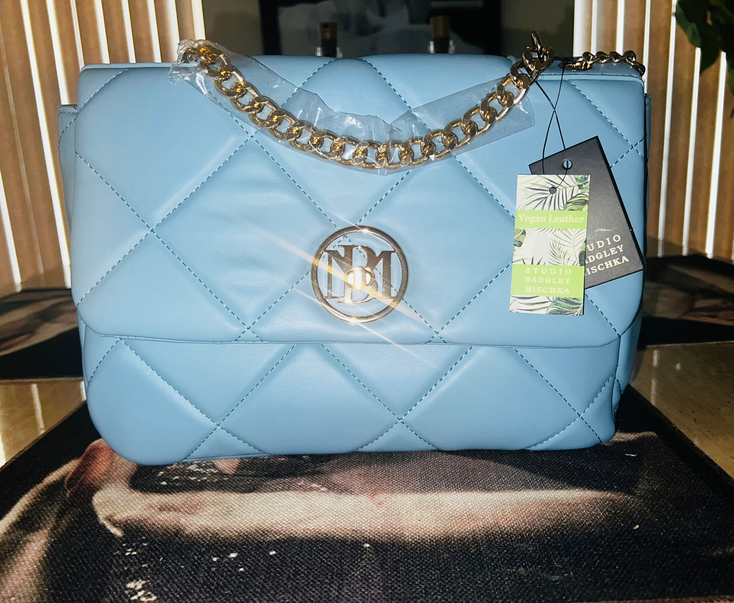 Badgley Mischka Letter Lock Light Blue Quilted Crossbody Bag