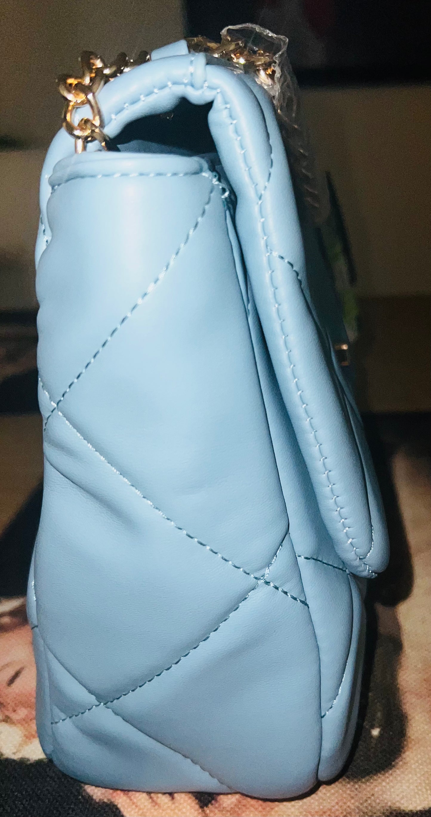 Badgley Mischka Letter Lock Light Blue Quilted Crossbody Bag