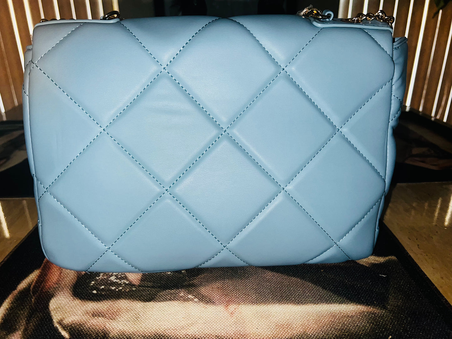 Badgley Mischka Letter Lock Light Blue Quilted Crossbody Bag