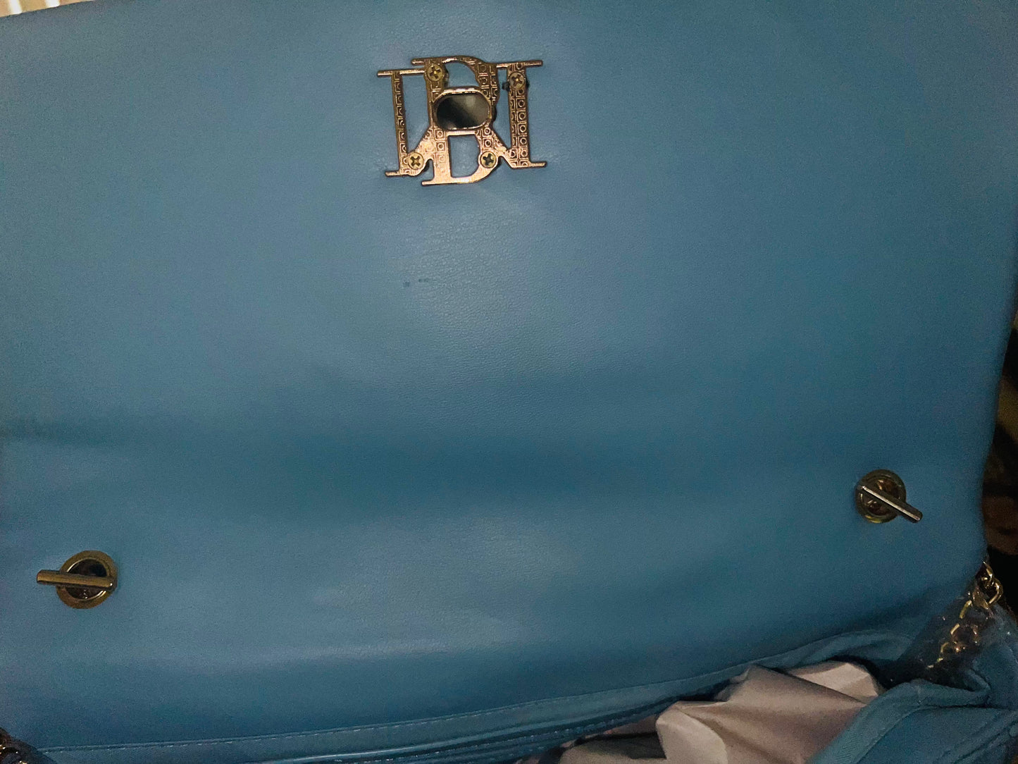 Badgley Mischka Letter Lock Light Blue Quilted Crossbody Bag