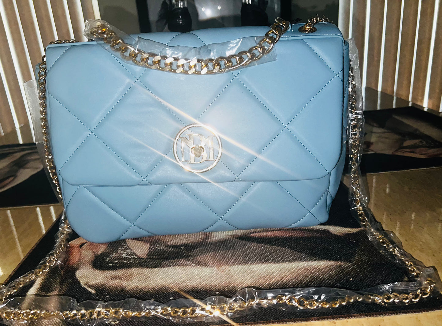 Badgley Mischka Letter Lock Light Blue Quilted Crossbody Bag