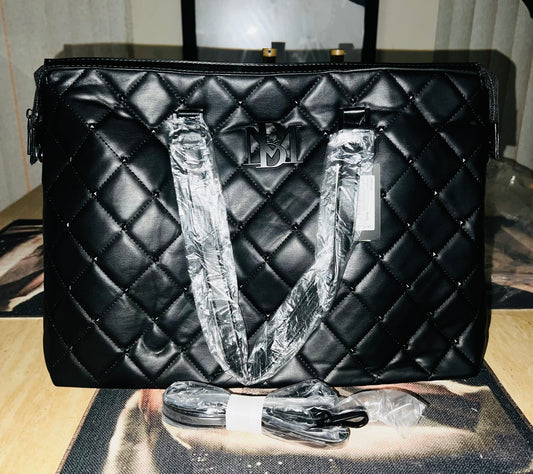 Badgley Mischka Black Quilted Studded Faux Leather Tote Bag