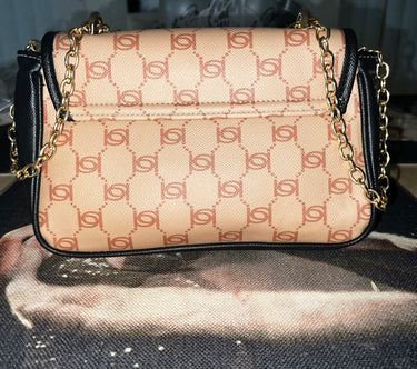 Bebe Leilani Monogram Chain Shoulder Bag – Almond Tan Black Gold