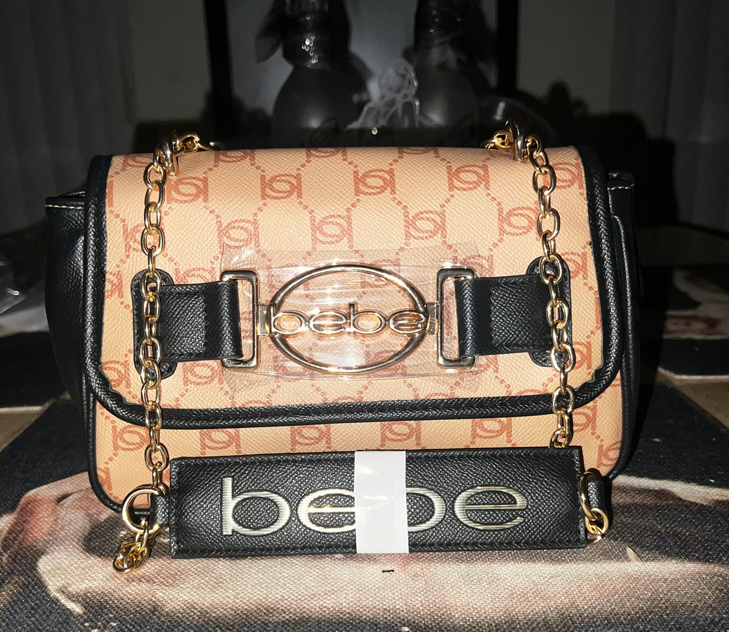 Bebe Leilani Monogram Chain Shoulder Bag – Almond Tan Black Gold