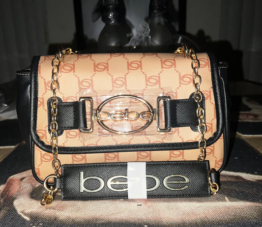 Bebe Leilani Monogram Chain Shoulder Bag – Almond Tan Black Gold
