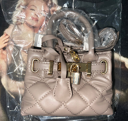 Badgley Mischka Beige Quilted Mini Tote Bag with Bag Charm