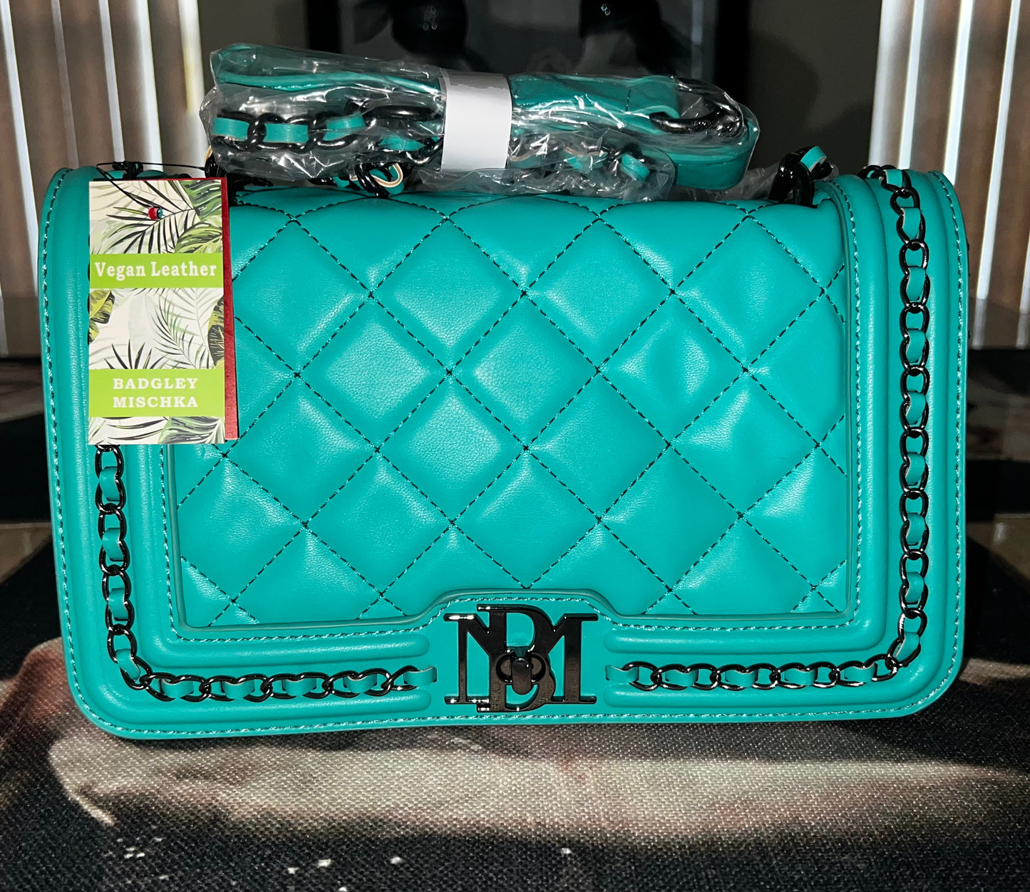 Badgley Mischka Blue Quilted Studded Chain Crossbody Bag