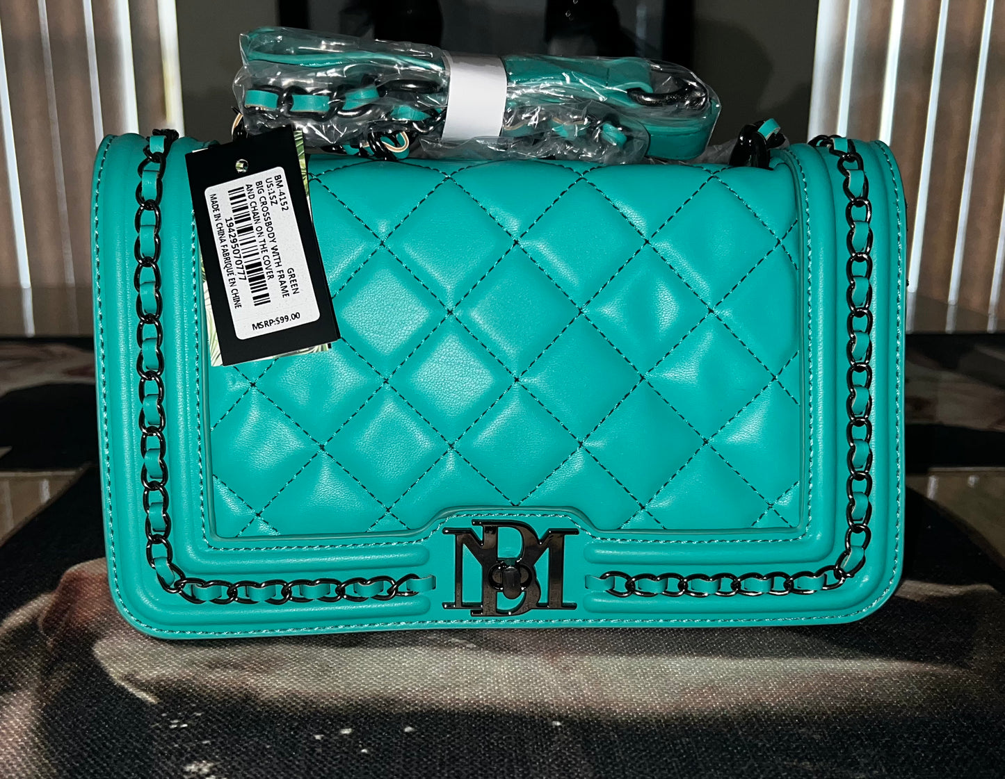 Badgley Mischka Blue Quilted Studded Chain Crossbody Bag