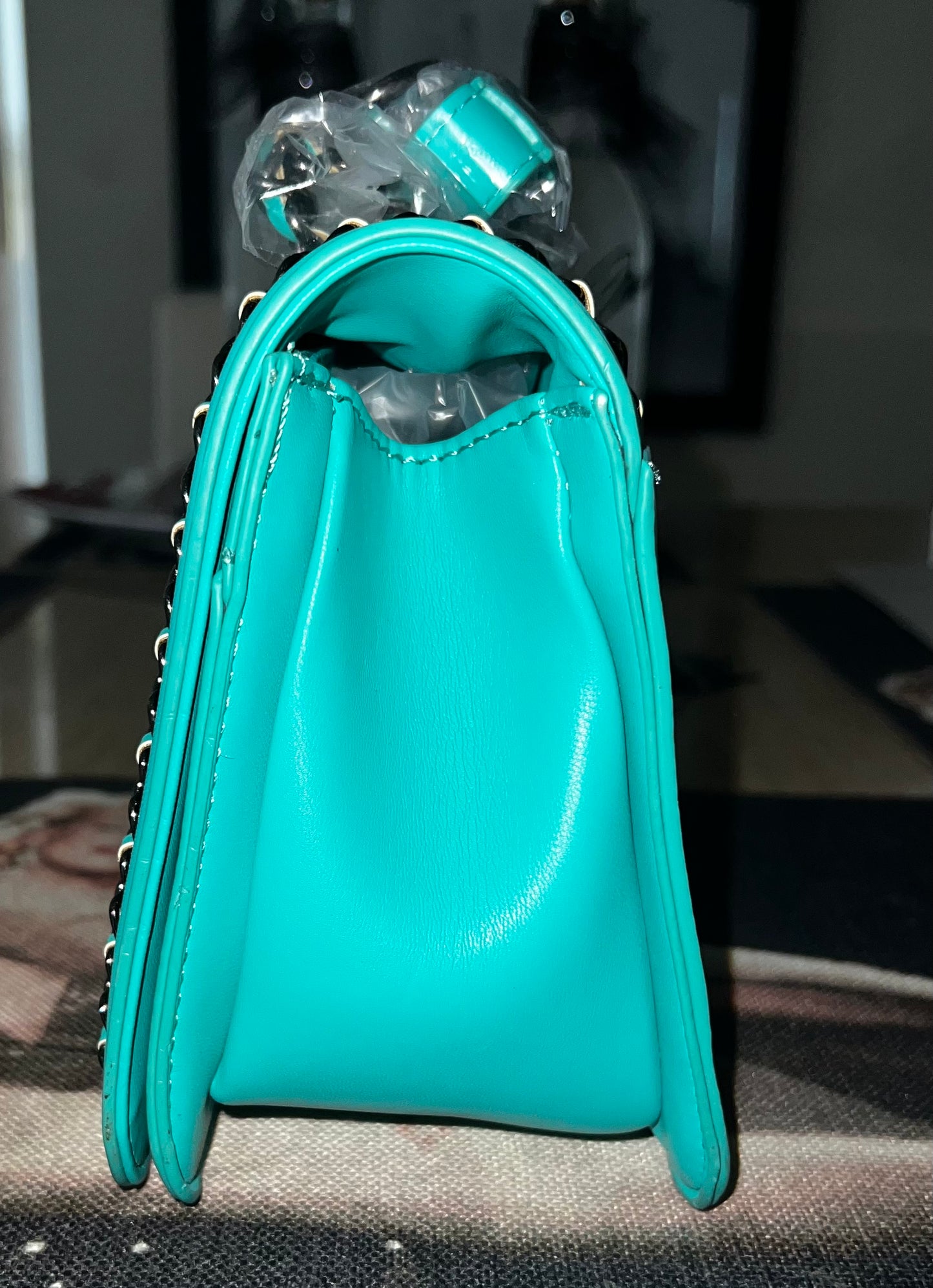 Badgley Mischka Blue Quilted Studded Chain Crossbody Bag