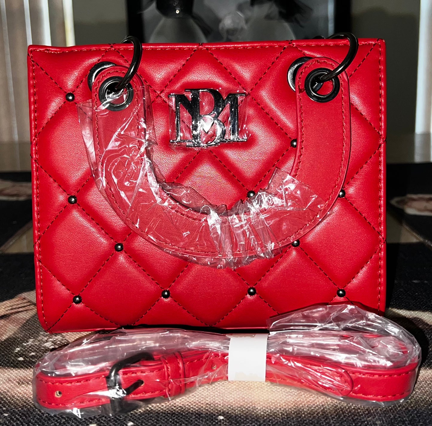Badgley Mischka BM4153 Red Quilted Studded Crossbody Bag
