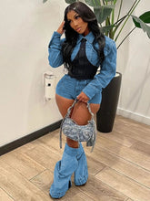Load image into Gallery viewer, We don&#39;t Give 2Fuxx Denim Mini Jacket and Jeans Shorts Set IAMQUEEN FASHION
