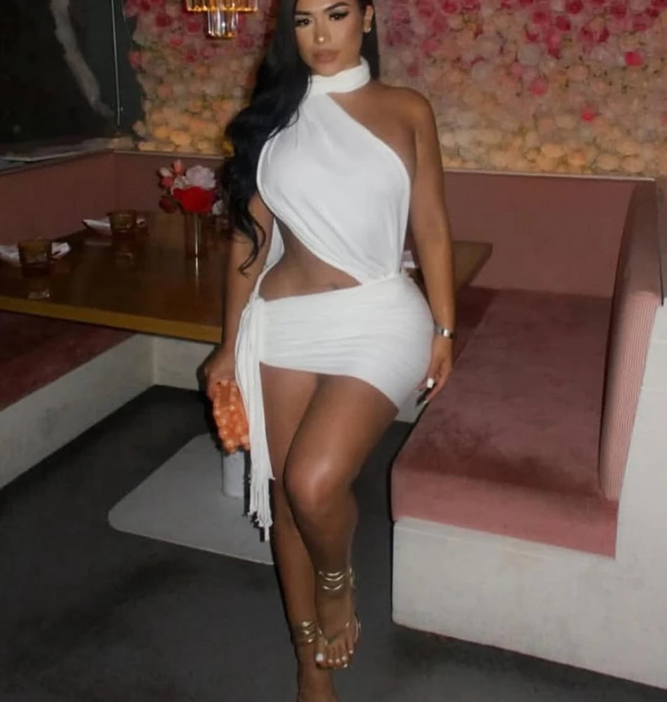 Classy but a lil Sassy Ruched Ribbon Backless Mini Dress