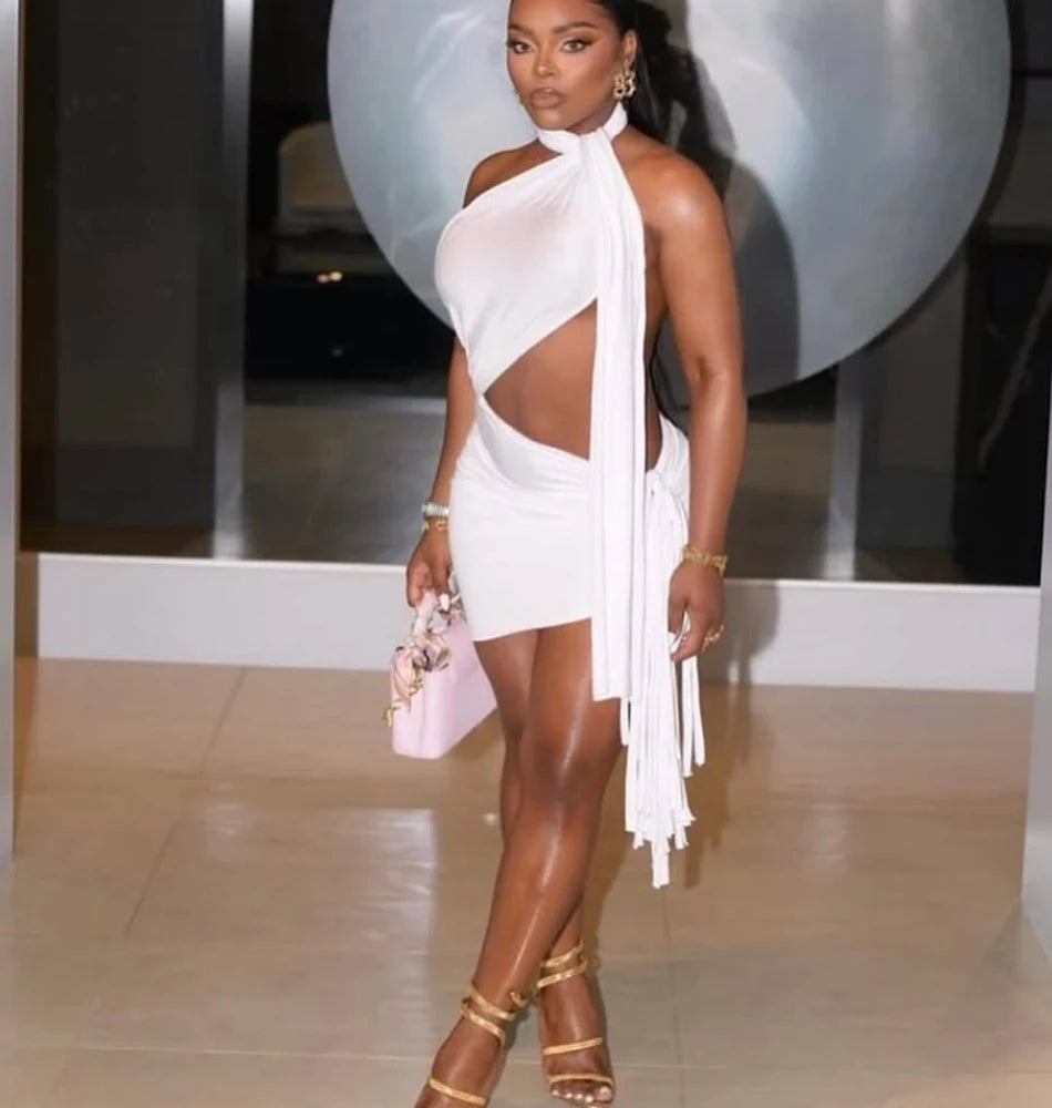 Classy but a lil Sassy Ruched Ribbon Backless Mini Dress
