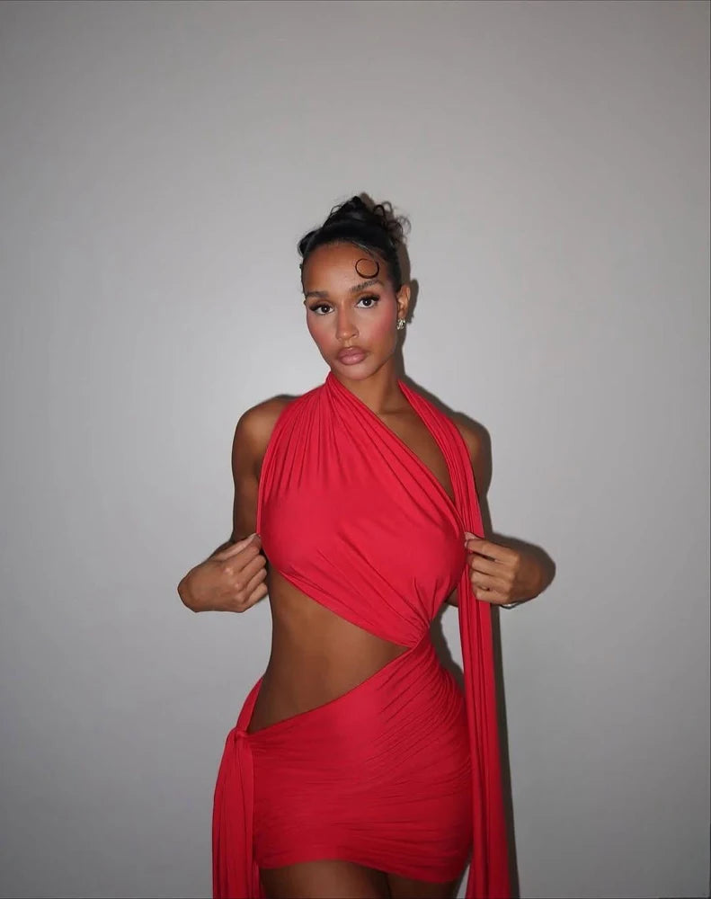 Classy but a lil Sassy Ruched Ribbon Backless Mini Dress