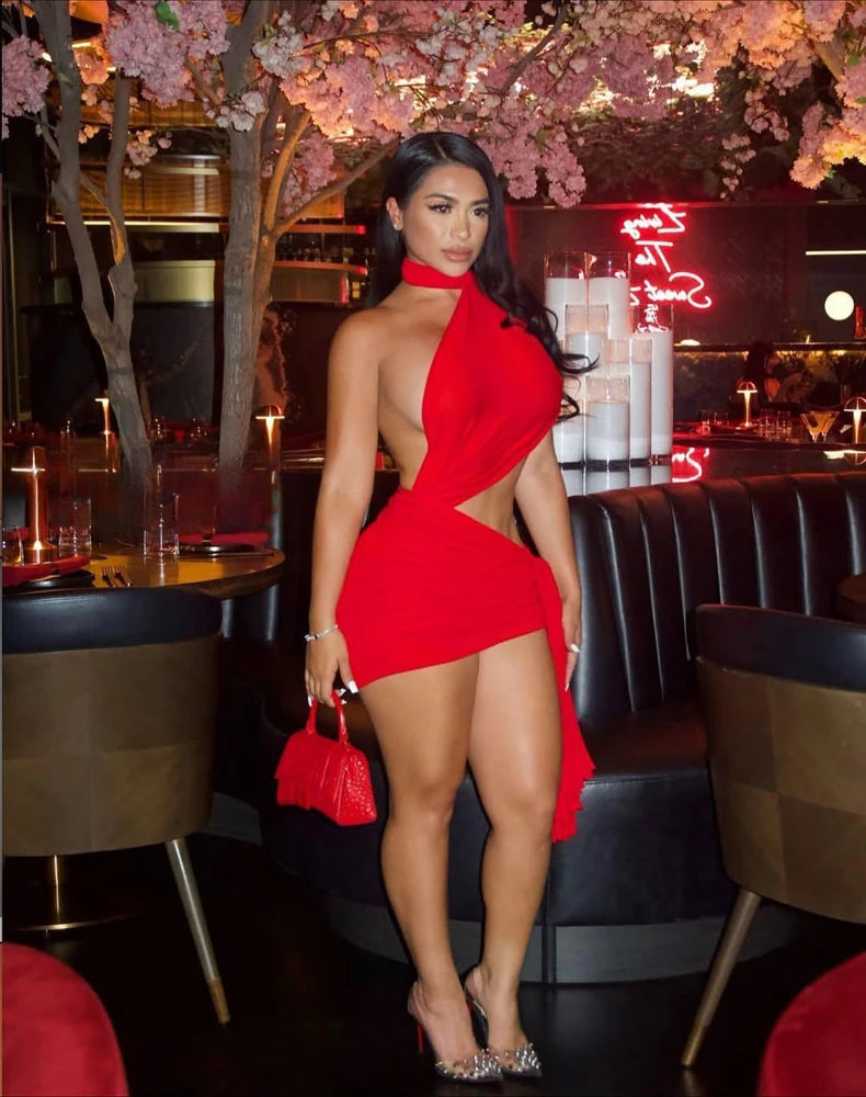 Classy but a lil Sassy Ruched Ribbon Backless Mini Dress