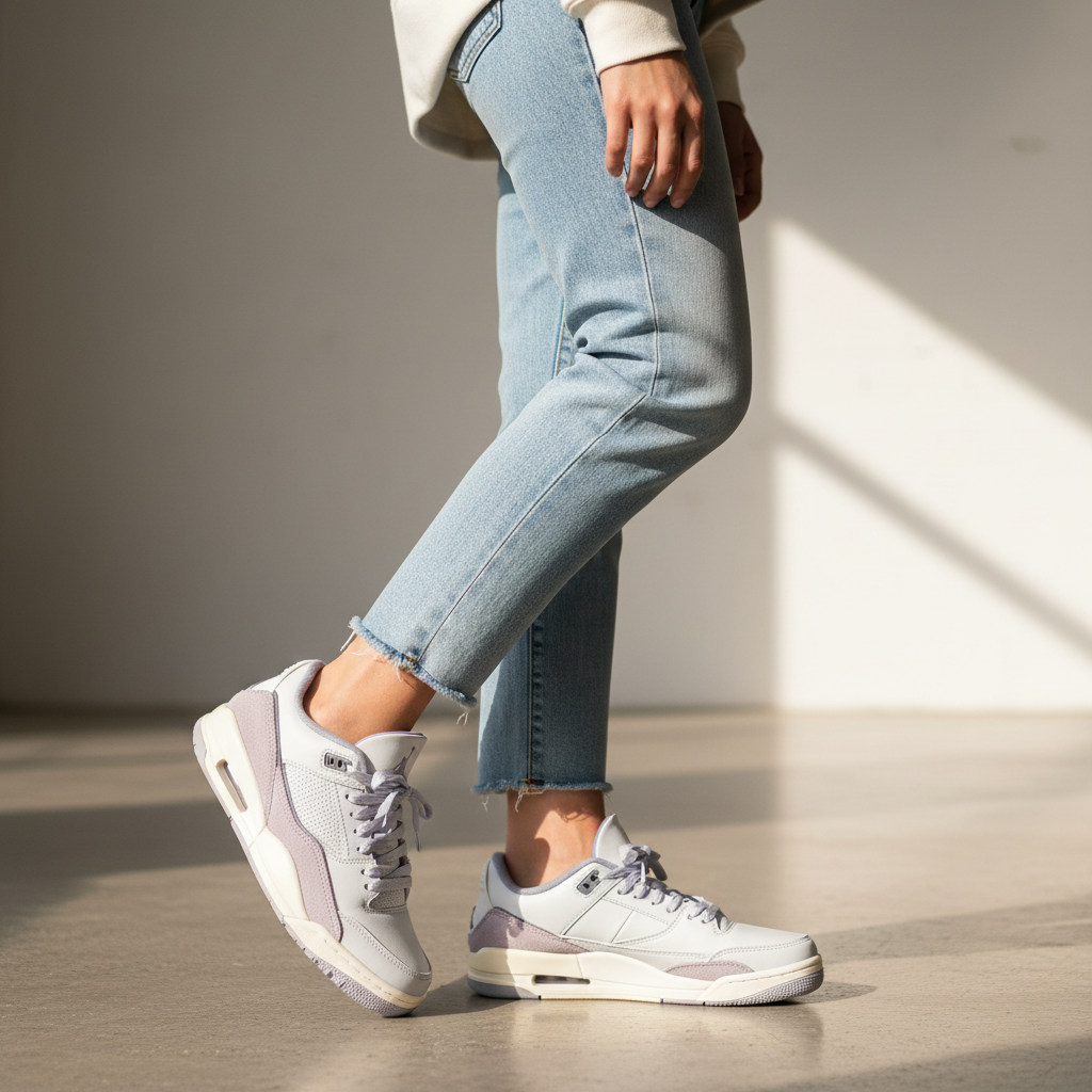 Jordan 3 Low Women's Sneaker Grey/Lavender - Lifestyle Shot on Woman