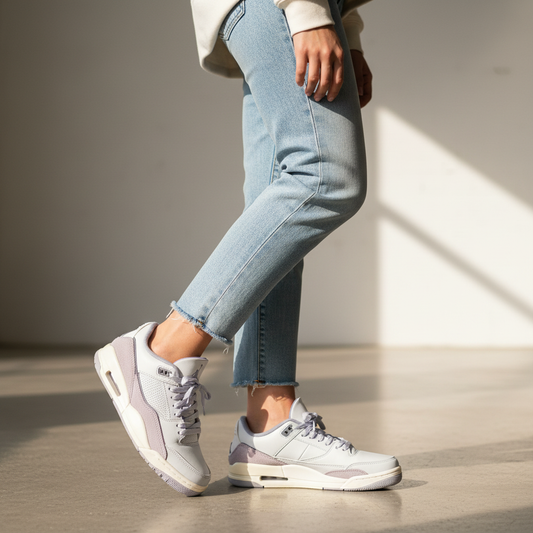 Jordan 3 Low Women's Sneaker Grey/Lavender - Lifestyle Shot on Woman
