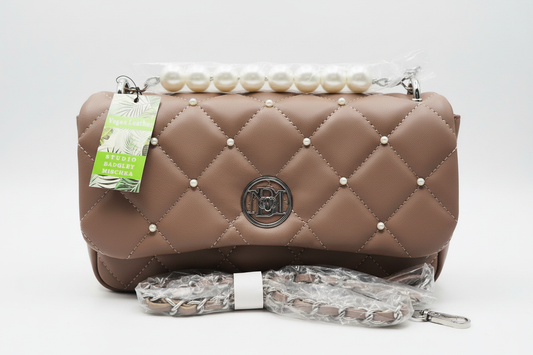 Quilted Pearl Studded Shoulder Bag Tan Brown