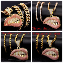 Load image into Gallery viewer, Iced Out Bling  Bite Lip Shape Pendant  Crystal Cuban CZ Stainless steel Chain Necklaces IAMQUEEN FASHION

